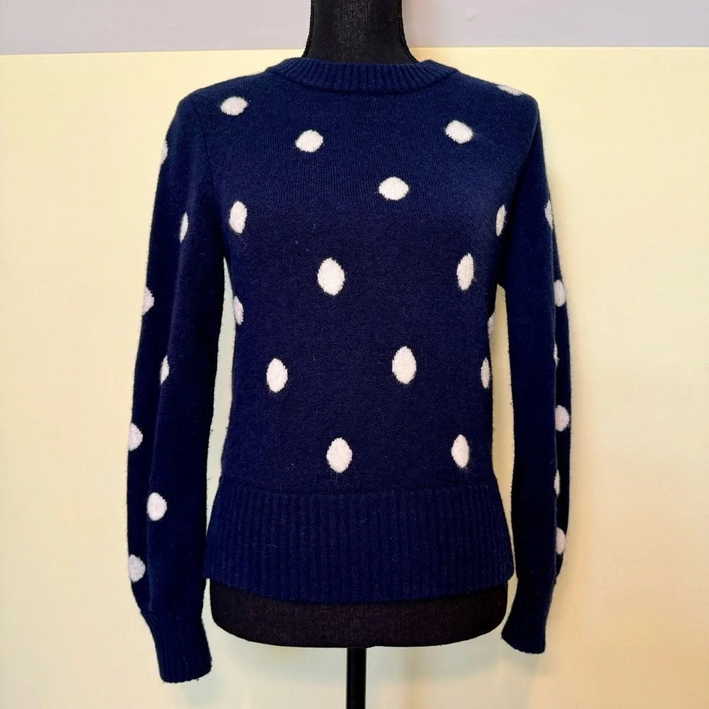 J Crew Women's xs Blue And White Polka Dot Pullover Sweater Wool Alpaca Blend
